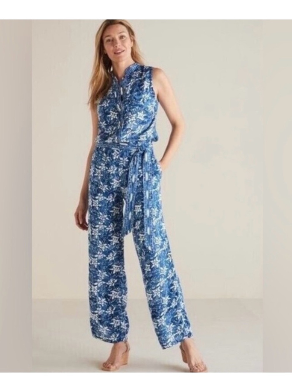 Soft Surroundings Nahla Blue Batik Floral Cropped Wide Leg Jumpsuit Medium